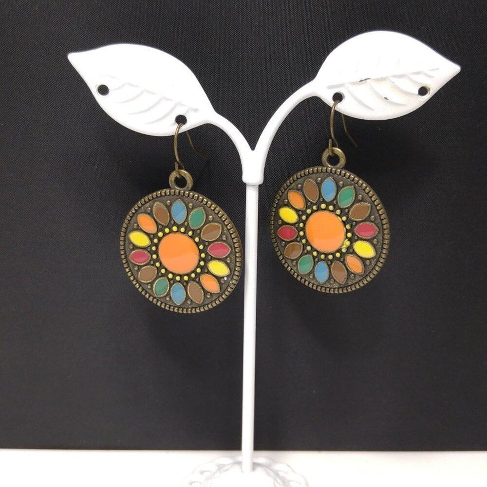 Vintage Enamel Drop Flower Earrings, Red Yellow Blue Orange Brown,1970s - Picture 3 of 10